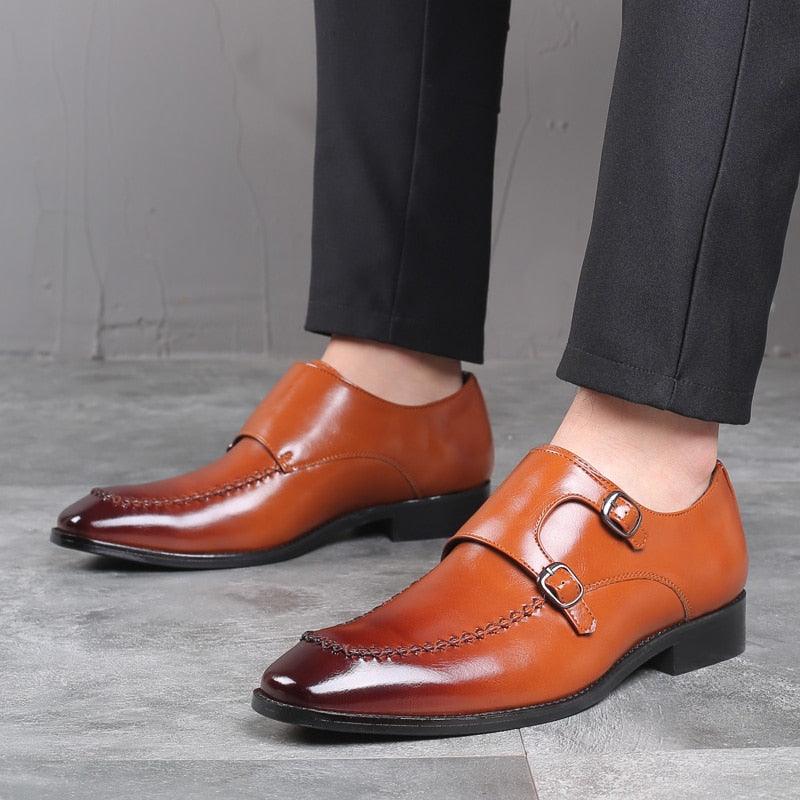 Monk-strap Dress Men's Shoes - Leather Pointy British Formal Shoes (MSF5)(F14)