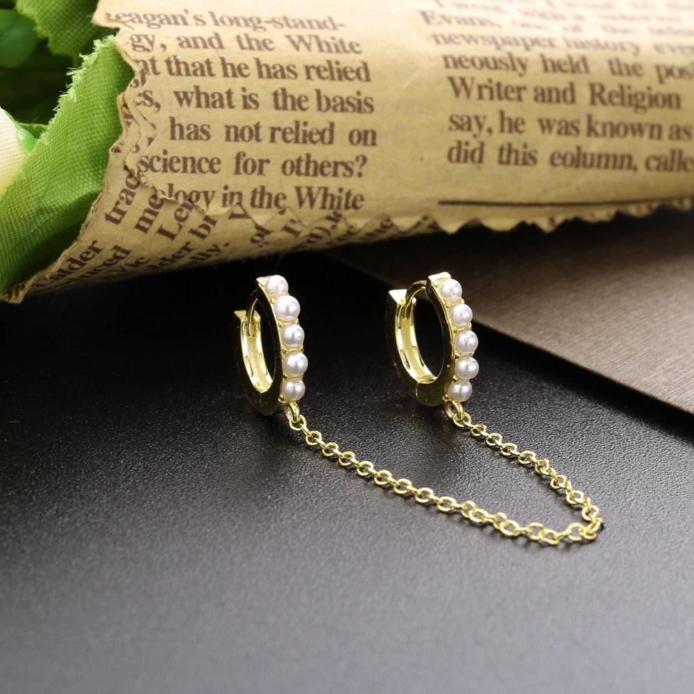 Fashion Hoop Single 925 Sterling Silver Hoop Earring - Chain Women Gold Double Hoop Chain Earring (2JW2)(2JW3)(F81)