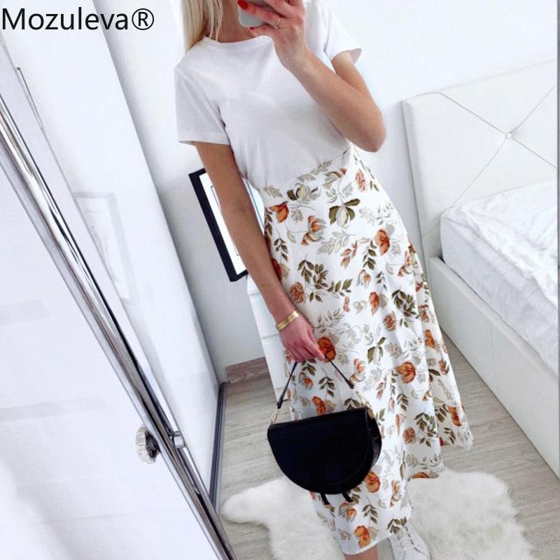 Spring Summer High Waist Chiffon Women Midi Skirts - Casual Floral Print Female Skirt (TB7)