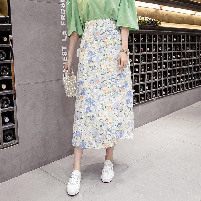 Spring Summer High Waist Chiffon Women Midi Skirts - Casual Floral Print Female Skirt (TB7)