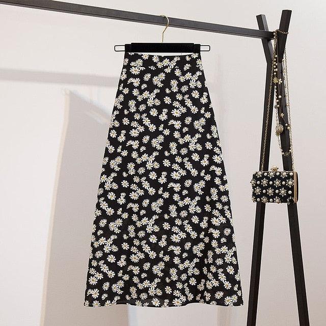 Spring Summer High Waist Chiffon Women Midi Skirts - Casual Floral Print Female Skirt (TB7)