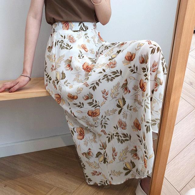 Spring Summer High Waist Chiffon Women Midi Skirts - Casual Floral Print Female Skirt (TB7)
