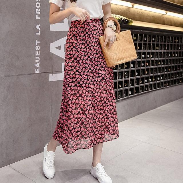 Spring Summer High Waist Chiffon Women Midi Skirts - Casual Floral Print Female Skirt (TB7)