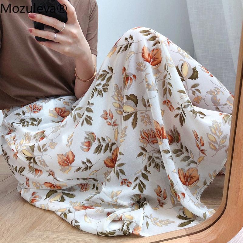 Spring Summer High Waist Chiffon Women Midi Skirts - Casual Floral Print Female Skirt (TB7)
