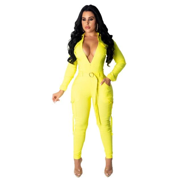 Trending Multi Pocket Safari Style Belt Jumpsuit - Long Sleeve Women Rompers (TBL1)(BCD3)(F33)