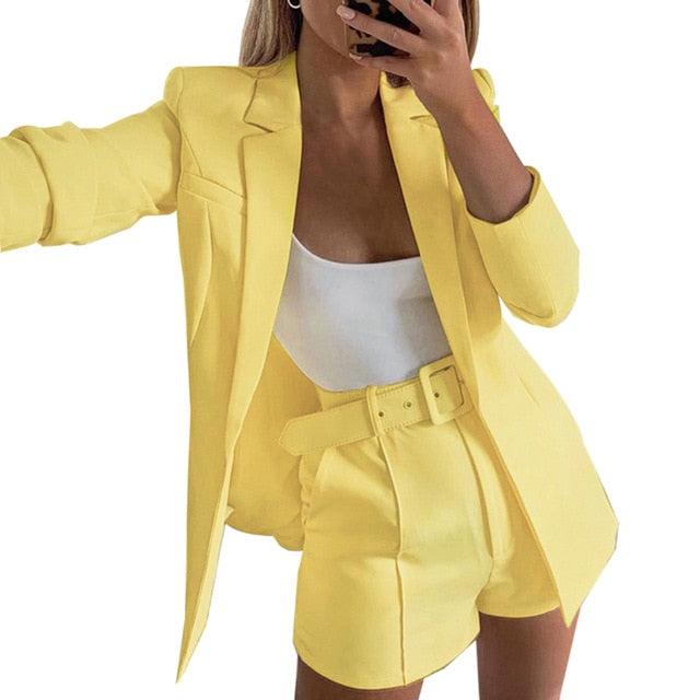 Amazing Two Piece Set - Women Blazer Shorts Suit - Long Sleeve Elegant High Waist Pants (5U20)