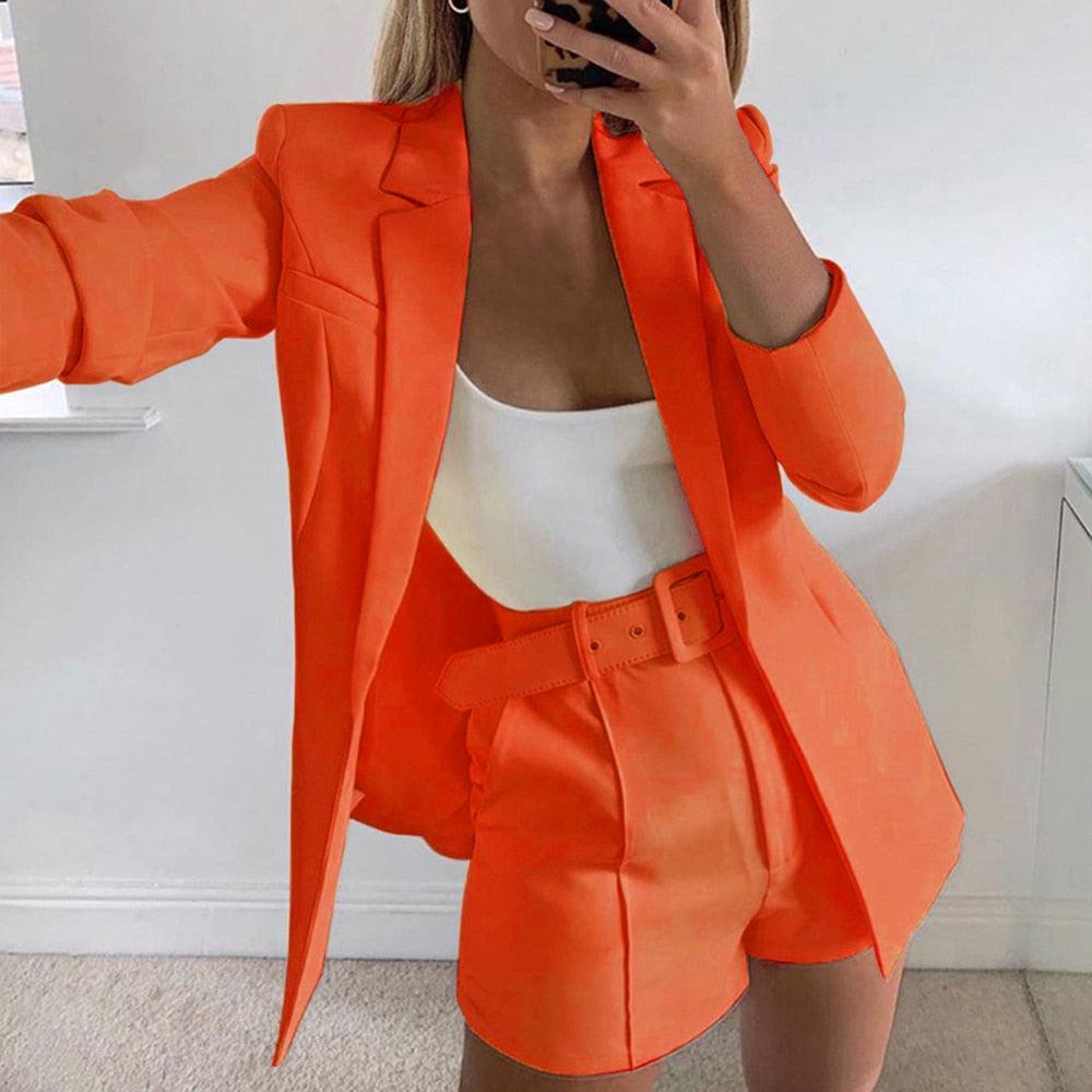 Amazing Two Piece Set - Women Blazer Shorts Suit - Long Sleeve Elegant High Waist Pants (5U20)