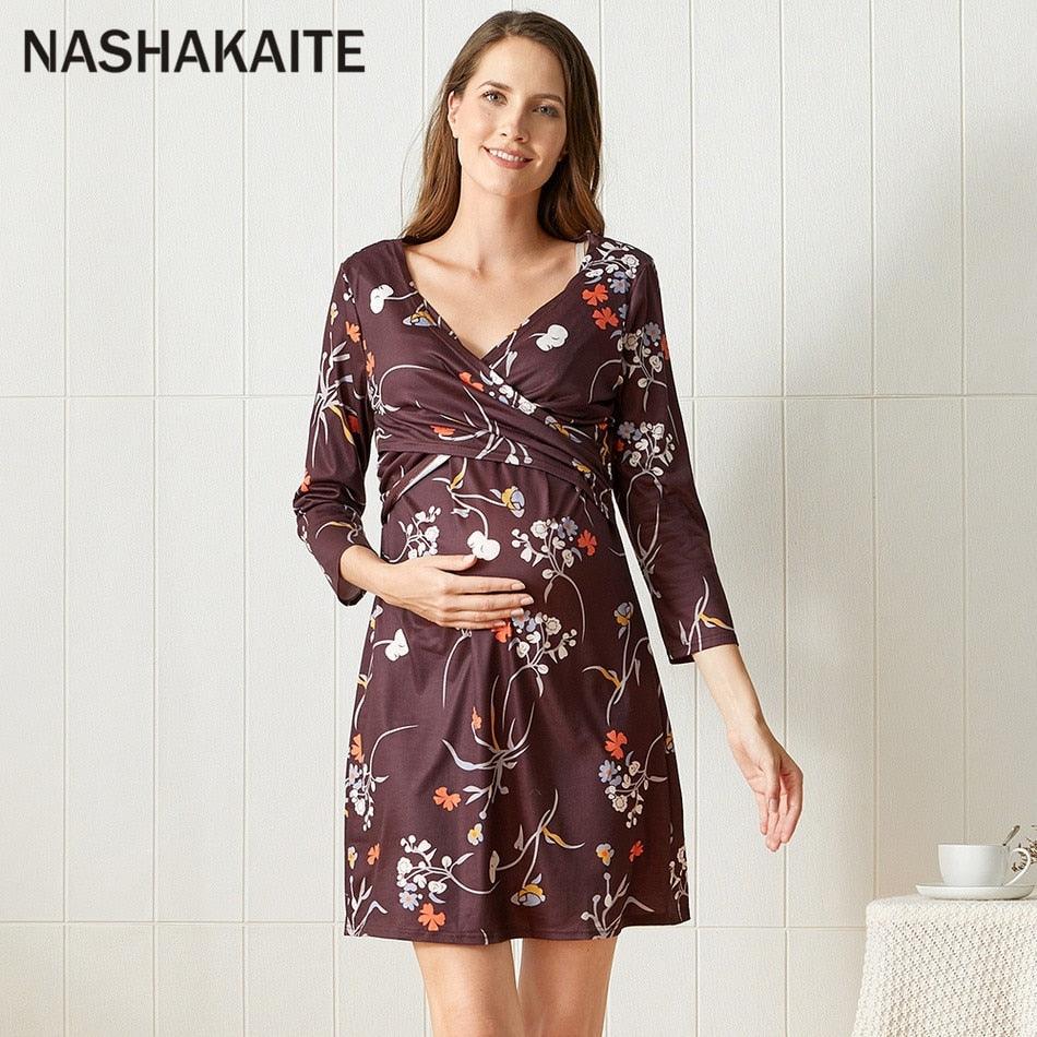 Trendy Printed Three Quarter Nursing Dress - V-neck Maternity Dresses (Z7)(Z9)(4Z1)(5Z1)(6Z1)