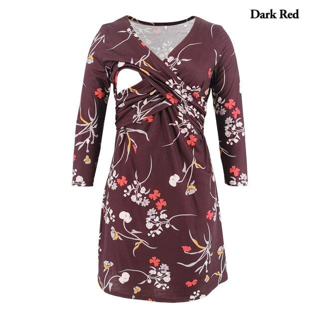 Trendy Printed Three Quarter Nursing Dress - V-neck Maternity Dresses (Z7)(Z9)(4Z1)(5Z1)(6Z1)