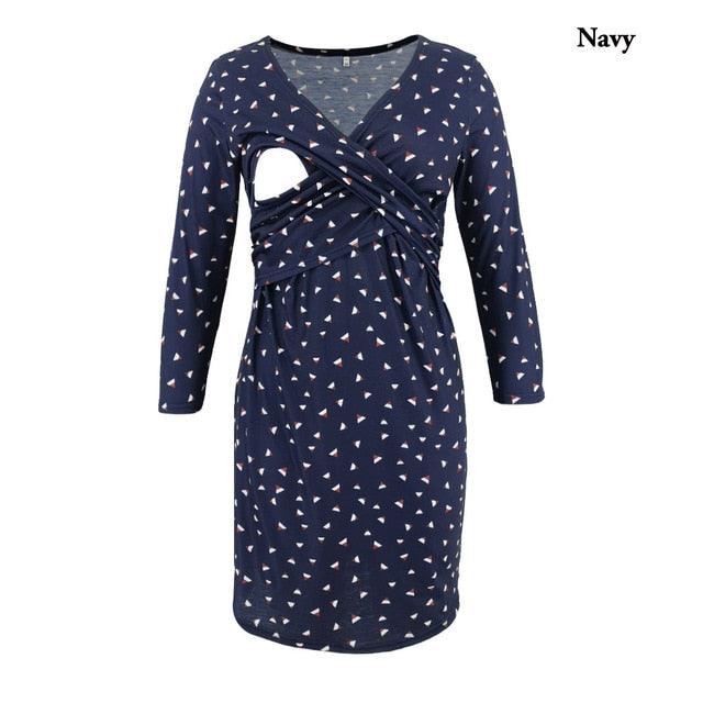 Trendy Printed Three Quarter Nursing Dress - V-neck Maternity Dresses (Z7)(Z9)(4Z1)(5Z1)(6Z1)