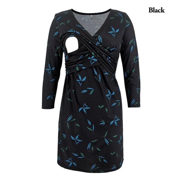 Trendy Printed Three Quarter Nursing Dress - V-neck Maternity Dresses (Z7)(Z9)(4Z1)(5Z1)(6Z1)