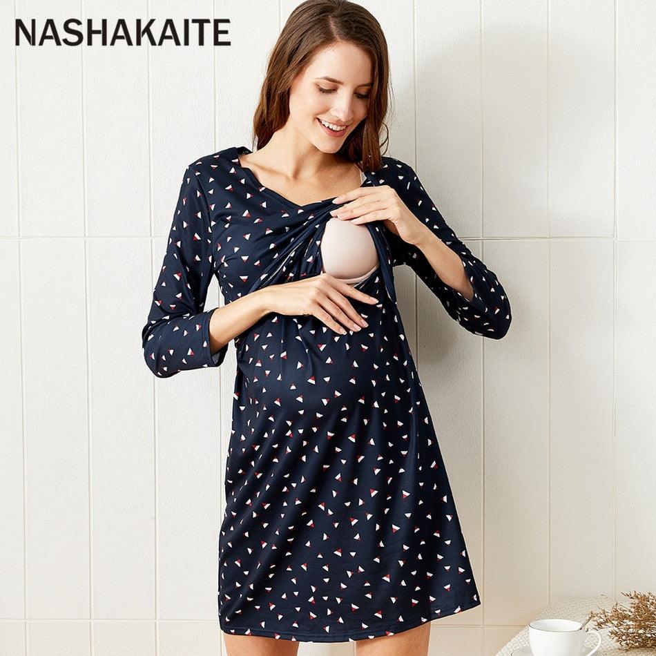 Trendy Printed Three Quarter Nursing Dress - V-neck Maternity Dresses (Z7)(Z9)(4Z1)(5Z1)(6Z1)