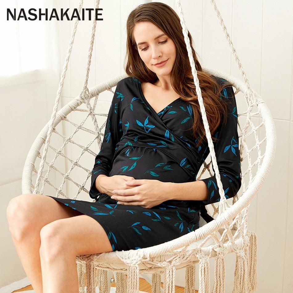 Trendy Printed Three Quarter Nursing Dress - V-neck Maternity Dresses (Z7)(Z9)(4Z1)(5Z1)(6Z1)
