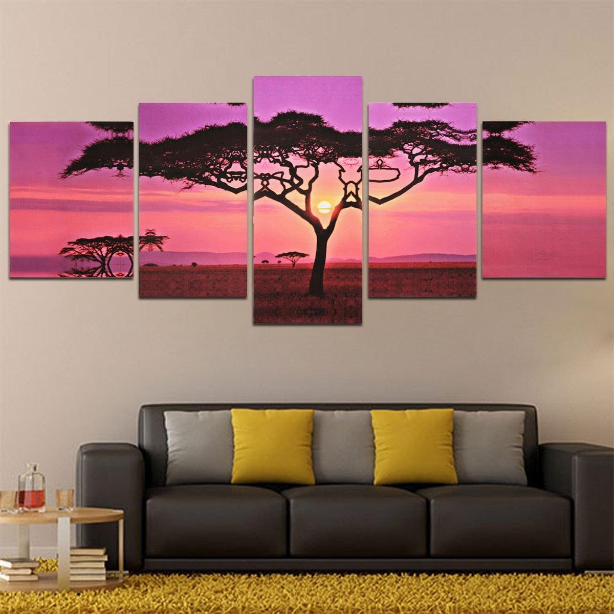 NEW 5 Panels Abstract Sunset Tree Oil Paintings Print On Canvas Posters Landscape Wall Art Pictures (AD1)(1U62)