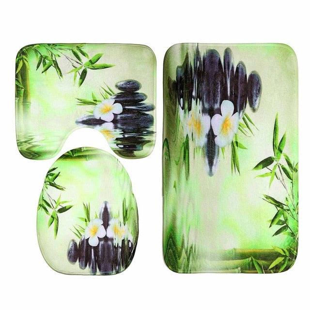 NEW Decoration 3D Bamboo Running Water Green Bamboo Shower Curtain Toilet Cover Mat Non-Slip Set (B&4)(B&2)(1U65)(F65)