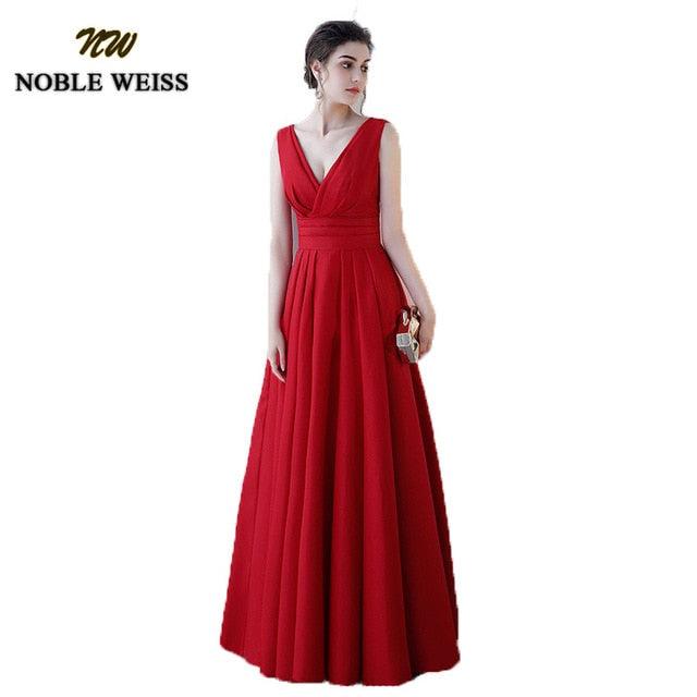 Elegant Satin Red Prom & Wedding Long Floor Length Dresses - Special Occasion Gowns - With Sexy V-neck (WSO3)(WSO5)