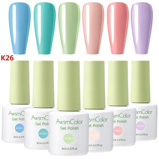 Nail Polish, Gel Nail Polish Set Soak Off Baby Pink White Glitters Nail Polish Kit 6 Colors 8ml UV LED Nail Art Gels (N1)(1U85)
