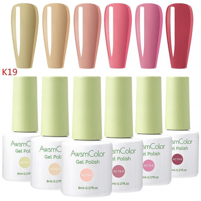 Nail Polish, Gel Nail Polish Set Soak Off Baby Pink White Glitters Nail Polish Kit 6 Colors 8ml UV LED Nail Art Gels (N1)(1U85)