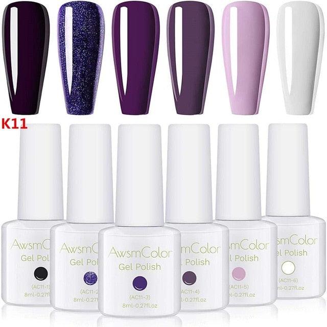 Nail Polish, Gel Nail Polish Set Soak Off Baby Pink White Glitters Nail Polish Kit 6 Colors 8ml UV LED Nail Art Gels (N1)(1U85)