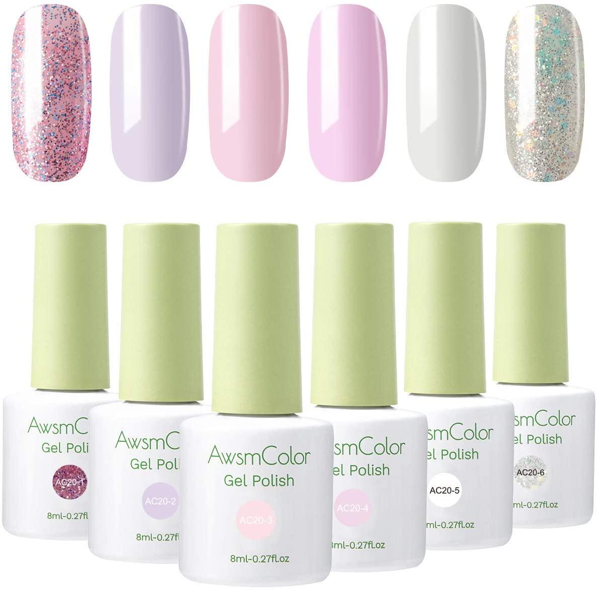 Nail Polish, Gel Nail Polish Set Soak Off Baby Pink White Glitters Nail Polish Kit 6 Colors 8ml UV LED Nail Art Gels (N1)(1U85)