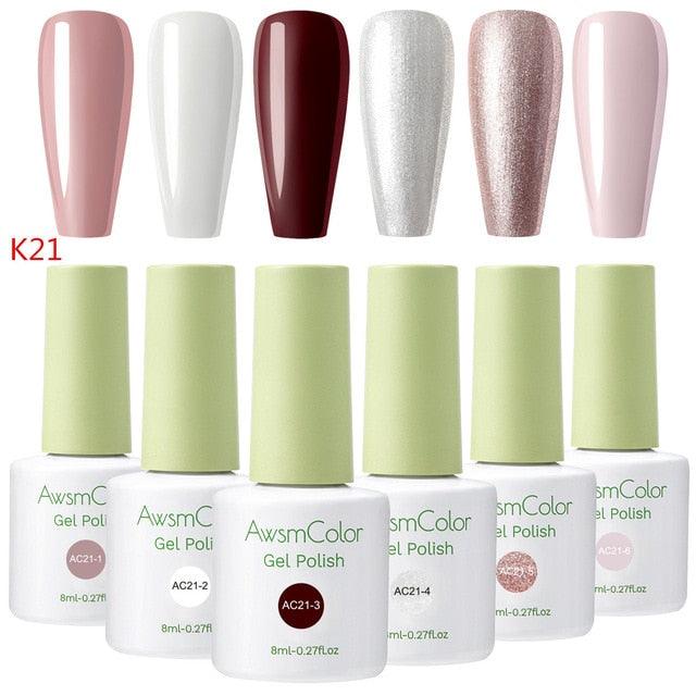 Nail Polish, Gel Nail Polish Set Soak Off Glitter Burgundy Red Sparkle White Brown Silver Nail Gel Polish Kit 6 Colors (N1)(N4)(1U85)(F85)