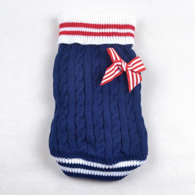 Navy Bow Dog Clothes - Small Dogs Warm Winter French Bulldog Fleece Sweater - Chihuahua Dachshund Jumpers (W4)(W5)(F69)