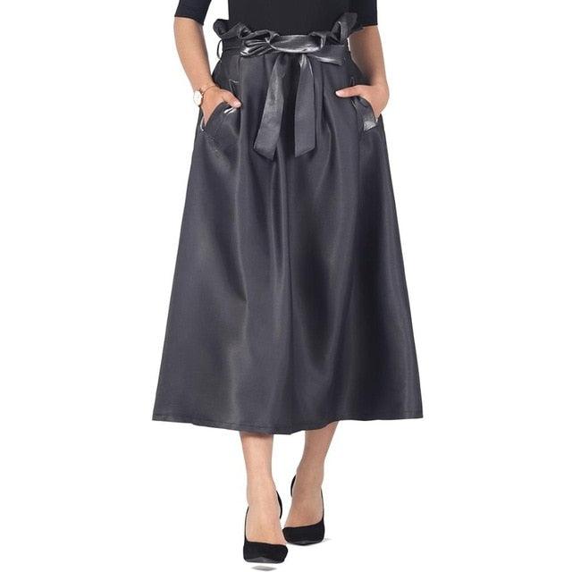 Cute A Line Women Midi Skirts - Summer Bow Sashes - High Waist Pocket Shining Fabric Vintage Lady Solid Party Skirt (TB7)(TP6)