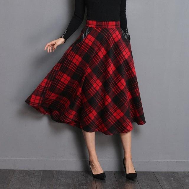 Plaid High Waist Midi Skirts - Woolen Plus Size 3XL A Line Pleated Winter Skirts (D23)(D20)(TB7)(TP6)