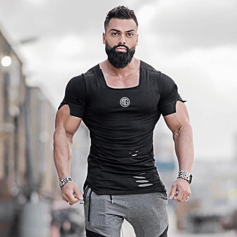 New Cotton Men's T shirt - Vintage Ripped Hole T-shirt - Men Fashion Casual Activewears Fitness T-shirt (TM2)