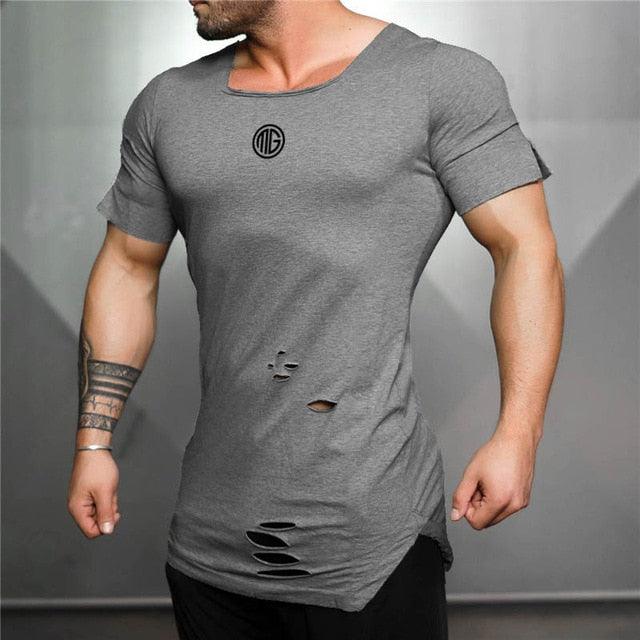 New Cotton Men's T shirt - Vintage Ripped Hole T-shirt - Men Fashion Casual Activewears Fitness T-shirt (TM2)