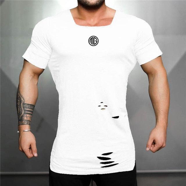 New Cotton Men's T shirt - Vintage Ripped Hole T-shirt - Men Fashion Casual Activewears Fitness T-shirt (TM2)