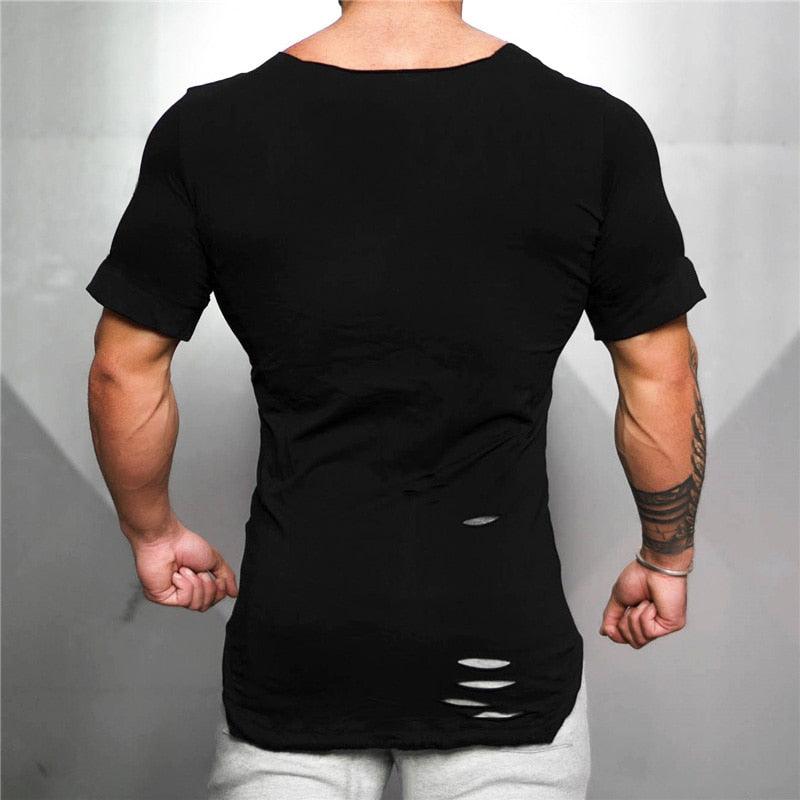New Cotton Men's T shirt - Vintage Ripped Hole T-shirt - Men Fashion Casual Activewears Fitness T-shirt (TM2)