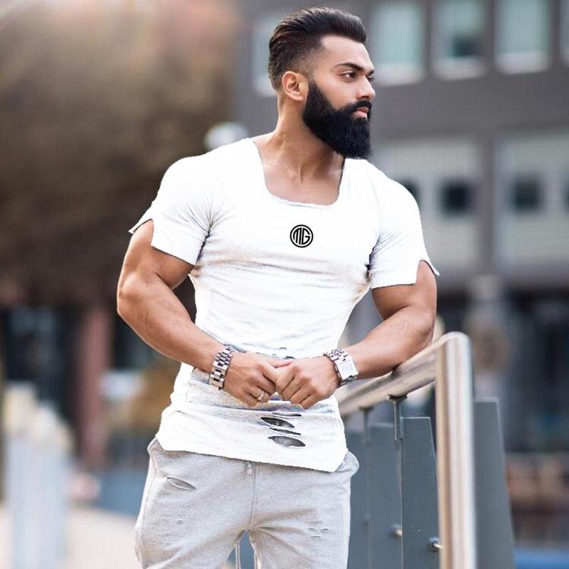 New Cotton Men's T shirt - Vintage Ripped Hole T-shirt - Men Fashion Casual Activewears Fitness T-shirt (TM2)