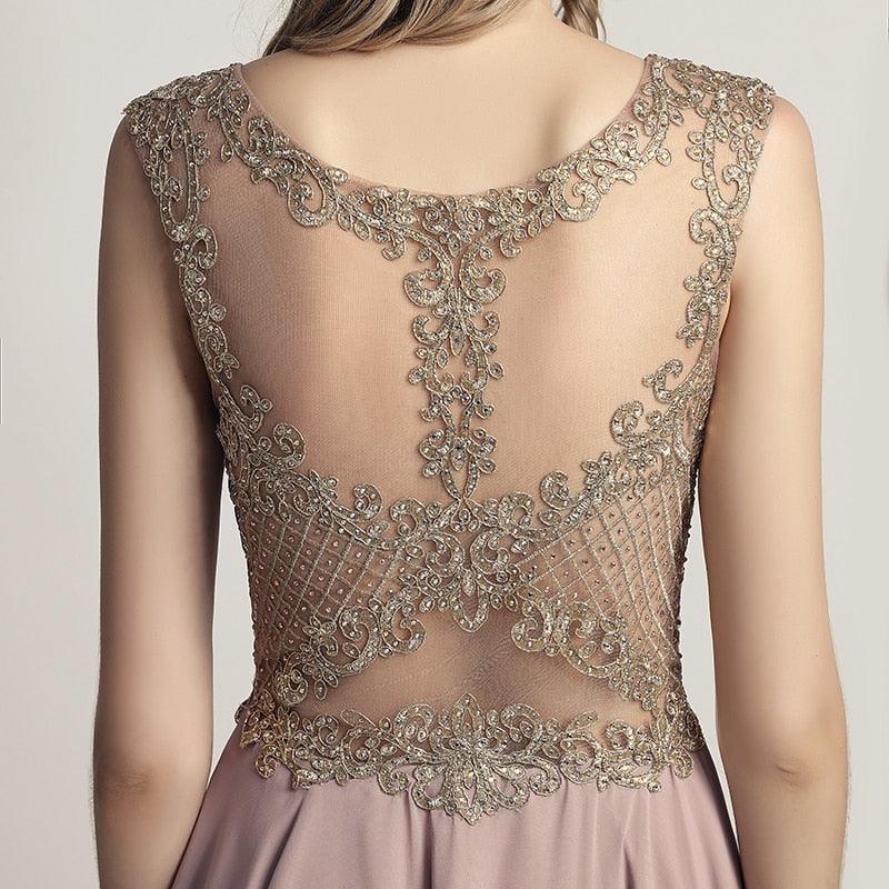 New Arrival Long Prom Dresses - Chiffon Sheer Neck Illusion Back Evening Party Gown - Beading Bodice Formal Women Dress (D30)(BWM)(WSO3)(WSO5)