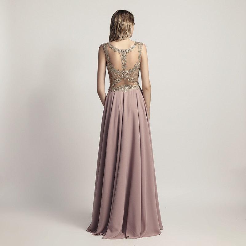 New Arrival Long Prom Dresses - Chiffon Sheer Neck Illusion Back Evening Party Gown - Beading Bodice Formal Women Dress (D30)(BWM)(WSO3)(WSO5)