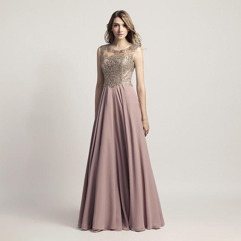 New Arrival Long Prom Dresses - Chiffon Sheer Neck Illusion Back Evening Party Gown - Beading Bodice Formal Women Dress (D30)(BWM)(WSO3)(WSO5)