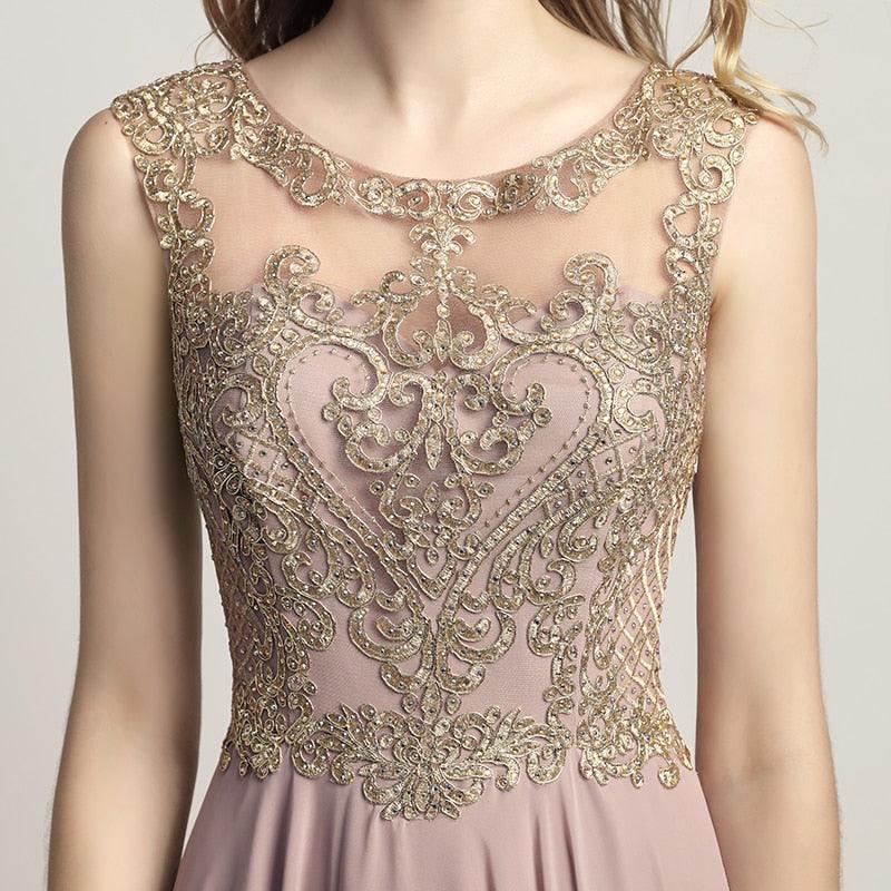 New Arrival Long Prom Dresses - Chiffon Sheer Neck Illusion Back Evening Party Gown - Beading Bodice Formal Women Dress (D30)(BWM)(WSO3)(WSO5)