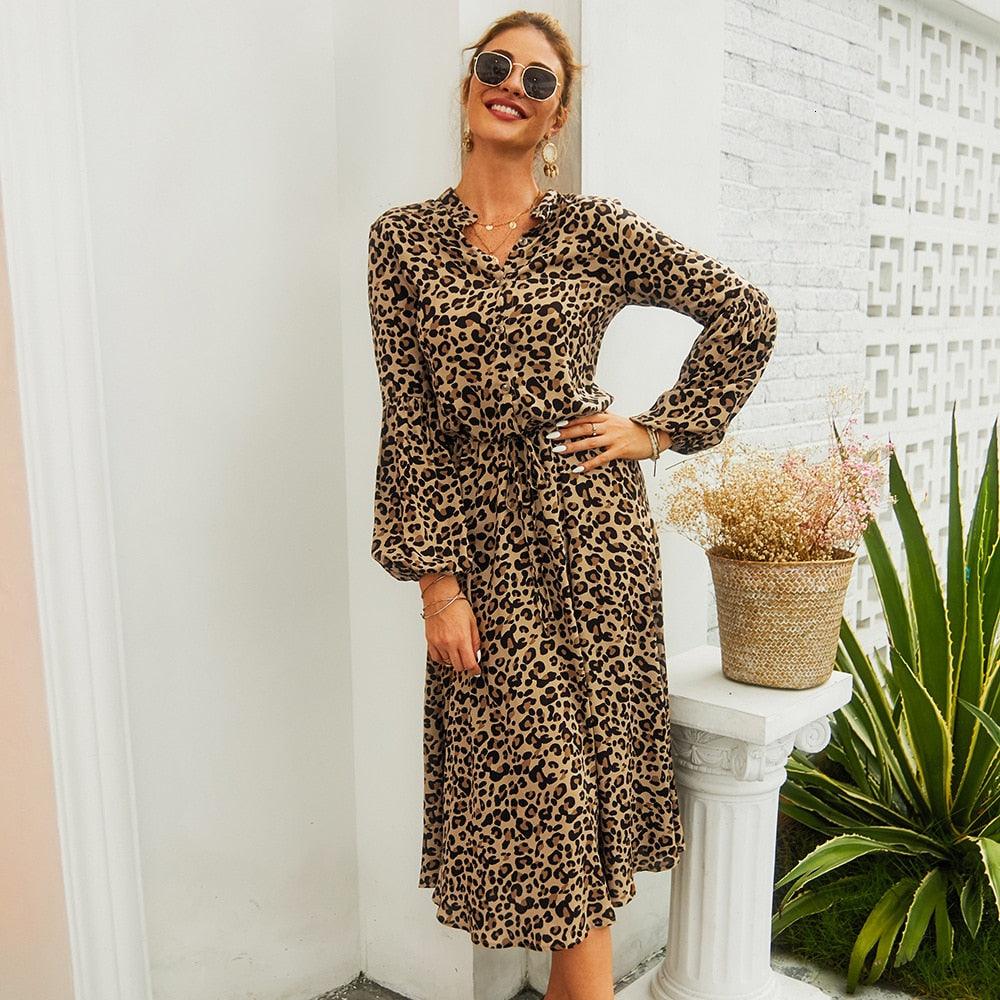 New Arrival Midi Women Leopard Dress - Long Sleeve Fashion A Line V Neck High Waist Boho Summer Dresses (BWM)(F30)