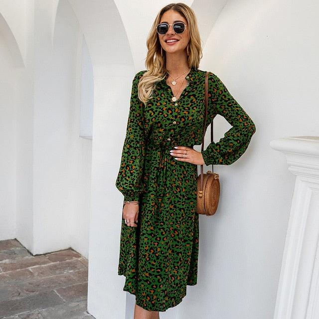 New Arrival Midi Women Leopard Dress - Long Sleeve Fashion A Line V Neck High Waist Boho Summer Dresses (BWM)(F30)
