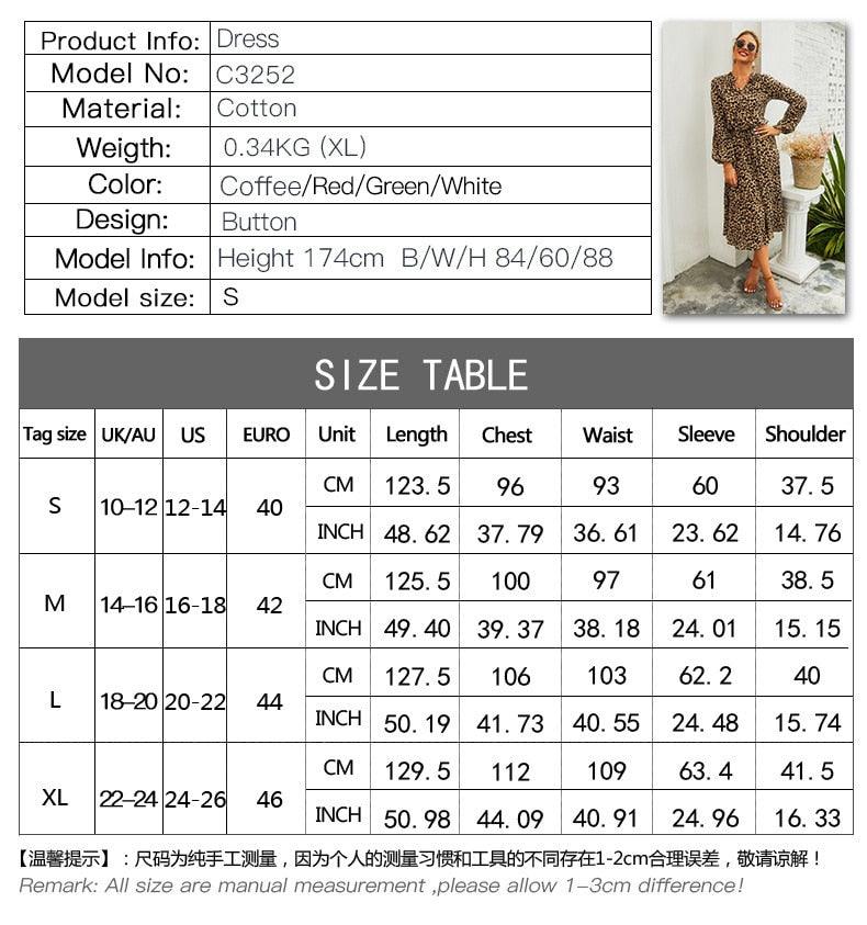 New Arrival Midi Women Leopard Dress - Long Sleeve Fashion A Line V Neck High Waist Boho Summer Dresses (BWM)(F30)