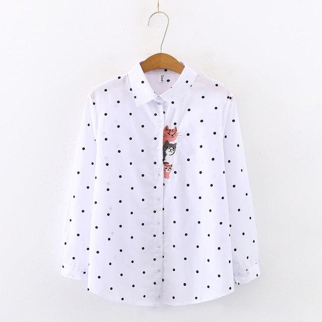 New Arrival Women Cat Embroidery White Shirt - Turn Down Collar - Long Sleeve Button Up Blouse - Cute Girls Top (TB4)