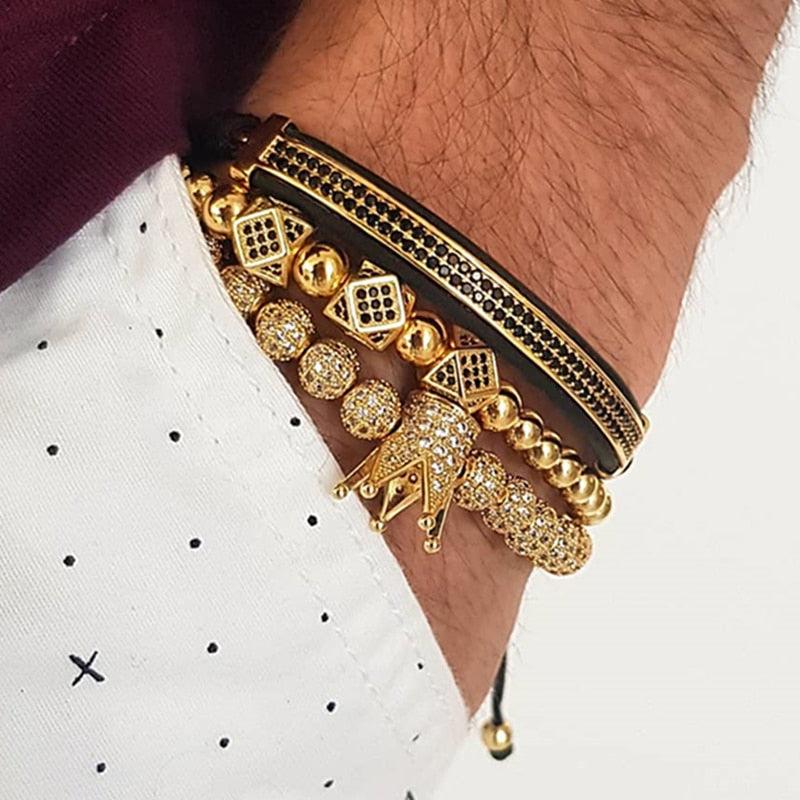 New Luxury Men Bracelet - Jewelry Crown Charm 6MM Micro Pave CZ Ball Macrame Bracelets (MJ3)(F83)