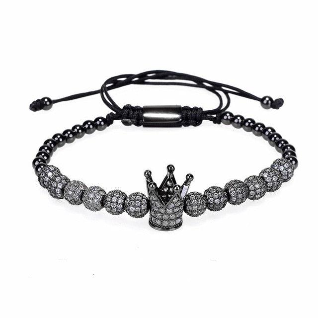 New Luxury Men Bracelet - Jewelry Crown Charm 6MM Micro Pave CZ Ball Macrame Bracelets (MJ3)(F83)