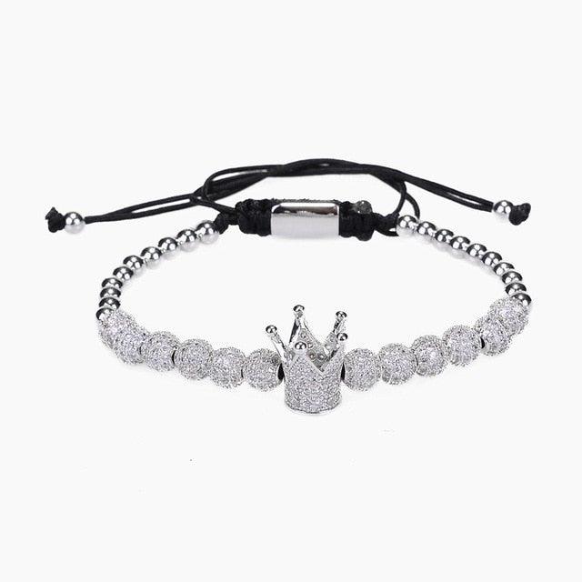 New Luxury Men Bracelet - Jewelry Crown Charm 6MM Micro Pave CZ Ball Macrame Bracelets (MJ3)(F83)