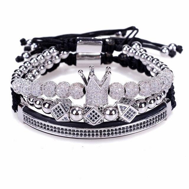 New Luxury Men Bracelet - Jewelry Crown Charm 6MM Micro Pave CZ Ball Macrame Bracelets (MJ3)(F83)