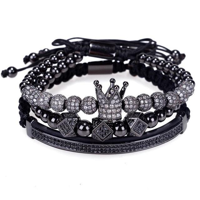 New Luxury Men Bracelet - Jewelry Crown Charm 6MM Micro Pave CZ Ball Macrame Bracelets (MJ3)(F83)