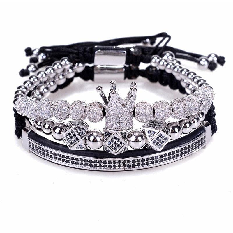 New Luxury Men Bracelet - Jewelry Crown Charm 6MM Micro Pave CZ Ball Macrame Bracelets (MJ3)(F83)