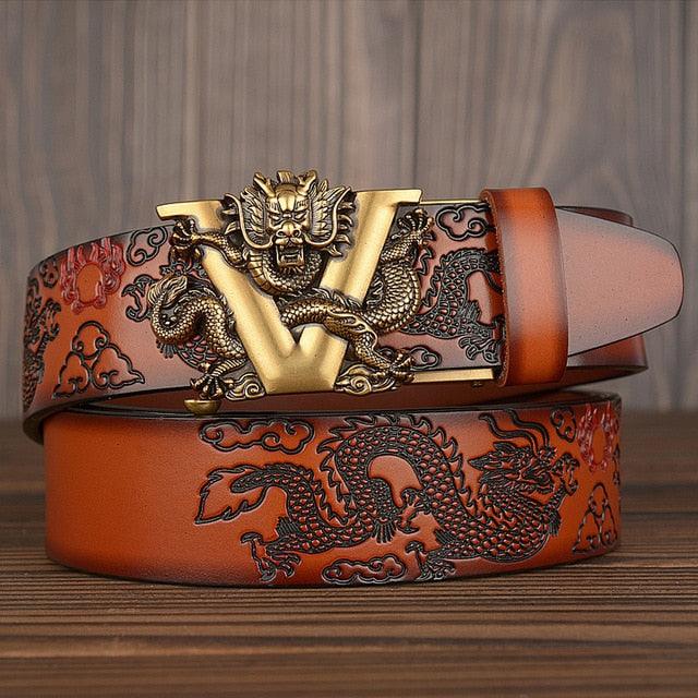 New Men's China Dragon Belt - Genuine Leather Belt - Dragon Pattern Automatic Buckle Belt Strap (MA1)(F17)