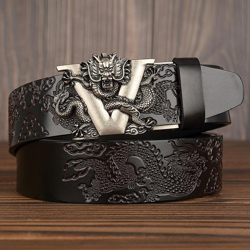 New Men's China Dragon Belt - Genuine Leather Belt - Dragon Pattern Automatic Buckle Belt Strap (MA1)(F17)