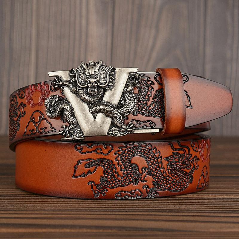 New Men's China Dragon Belt - Genuine Leather Belt - Dragon Pattern Automatic Buckle Belt Strap (MA1)(F17)